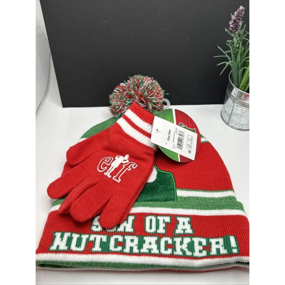 NWT Bioworld Elf Movie Son of A Nutcracker OS Hat Beanie‎ Glove Set Pom Pom